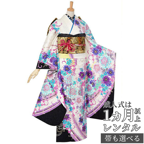 〔成人式 振袖 レンタル〕RS1038 正絹 白　薔薇円舞フルセット 往復送料無料 /女性和服/結婚式 和服 着物セット/小物 セット 振り袖 【レンタル】｜京都着物レンタル夢館 31,655円