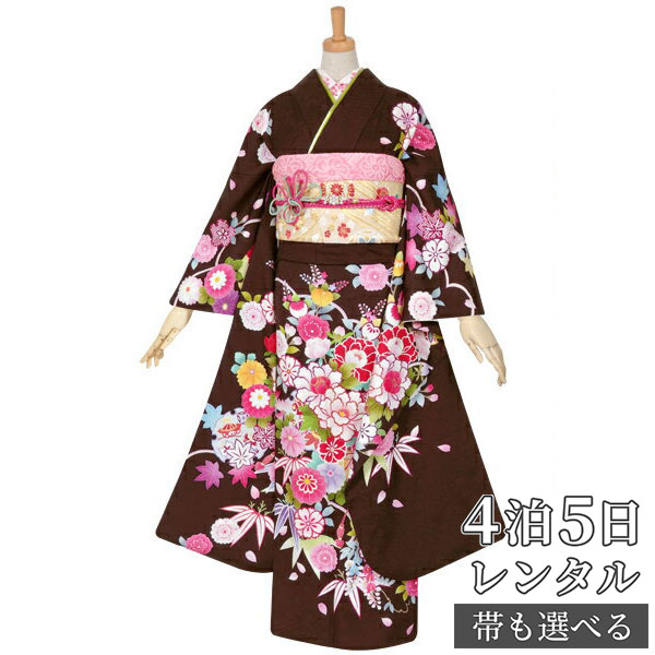 【振袖 レンタル】 結婚式 結納R1055 正絹 茶　四季の花に花籠 振袖 レンタル フルセット ふりそで 振り袖 結婚式 披露宴 親族 卒業式 パーティー 結納 着物レンタル 貸衣装 女性 和服 往復送料無料