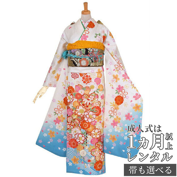 【成人式 振袖 レンタル】RS1058 正絹 白　波に桜花フルセット 往復送料無料 /女性和服/結婚式 和服 着物セット/小物 セット 振り袖 【レンタル】