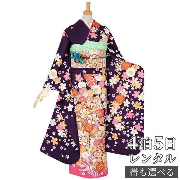 【振袖 レンタル】 結婚式 結納R1060 正絹 紫　波に桜花 振袖 レンタル フルセット ふりそで 振り袖 結婚式 披露宴 親族 卒業式 パーティー 結納 着物レンタル 貸衣装 女性 和服 往復送料無料