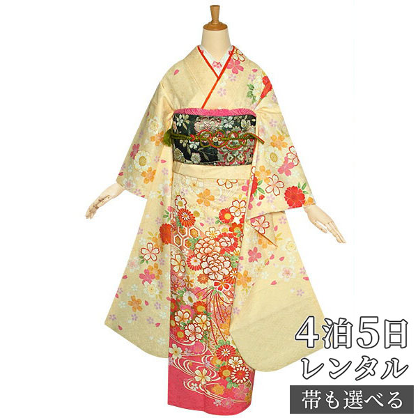 【振袖 レンタル】 結婚式 結納R1061 正絹 クリーム 花くす玉に桜流水 振袖 レンタル フルセット ふりそで 振り袖 結婚式 披露宴 親族 卒業式 パーティー 結納 着物レンタル 貸衣装 女性 和服 往復送料無料|京都着物レンタル夢館