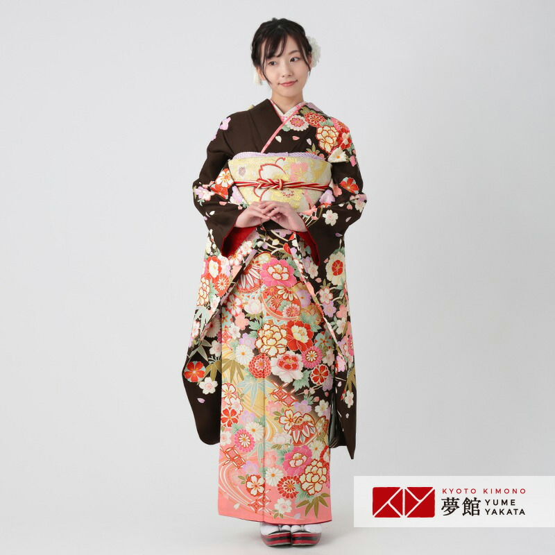 【振袖 レンタル】 結婚式 結納R1066 正絹 茶　毬に桜流水 振袖 レンタル フルセット ふりそで 振り袖 結婚式 披露宴 親族 卒業式 パーティー 結納 着物レンタル 貸衣装 女性 和服 往復送料無料