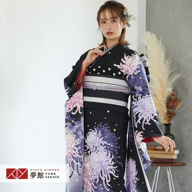 【振袖 レンタル】 結婚式 結納R1069 正絹 黒 菊花 振袖 レンタル フルセット ふりそで 振り袖 結婚式 披露宴 親族 卒業式 パーティー 結納 着物レンタル 貸衣装 女性 和服 往復送料無料