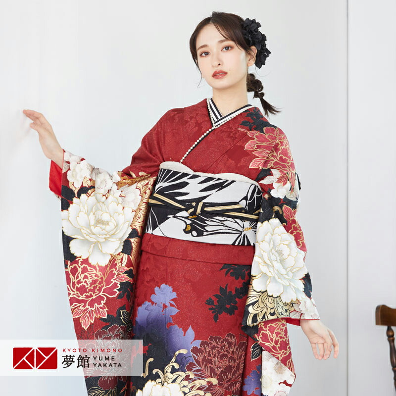 〔成人式 振袖 レンタル〕RS1078 正絹 臙脂 牡丹に八重桜 MURUA フルセット 往復送料無料 /女性和服/結婚式 和服 着物セット/小物 セット 振り袖 【レンタル】|京都着物レンタル夢館