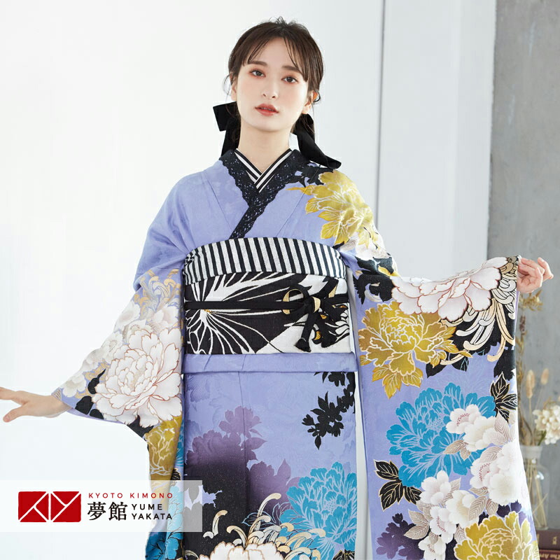 【成人式 振袖 レンタル】RS1079 正絹 藤紫 牡丹に八重桜 MURUA フルセット 往復送料無料 /女性和服/結婚式 和服 着物セット/小物 セット 振り袖 【レンタル】