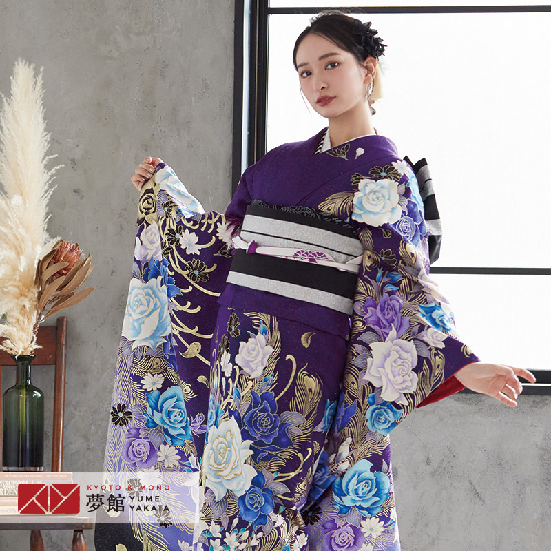 【成人式 振袖 レンタル】RS1086 正絹 紫 薔薇と孔雀の羽フルセット 往復送料無料 /女性和服/結婚式 和服 着物セット/小物 セット 振り袖 【レンタル】