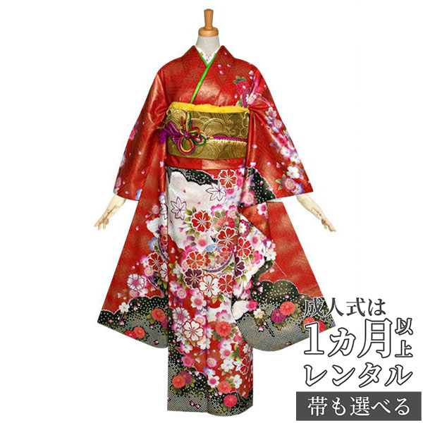 【成人式 振袖 レンタル】RS1093 正絹 赤　金砂子　桜に手毬フルセット 往復送料無料 /女性和服/結婚式 和服 着物セット/小物 セット 振り袖 【レンタル】 38,025円