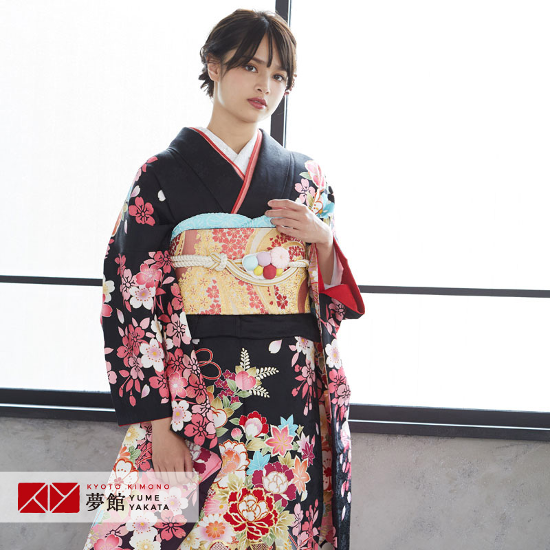 【振袖 レンタル】 結婚式 結納R1100 正絹 黒 吉祥花車 乙葉 振袖 レンタル フルセット ふりそで 振り袖 結婚式 披露宴 親族 卒業式 パーティー 結納 着物レンタル 貸衣装 女性 和服 往復送料無料