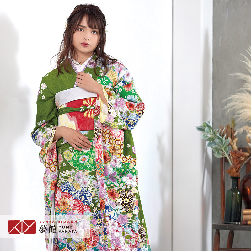 【成人式 振袖 レンタル】RS1128 正絹 緑 雲取桜に辻が花フルセット 往復送料無料 /女性和服/結婚式 和服 着物セット/小物 セット 振り袖 【レンタル】