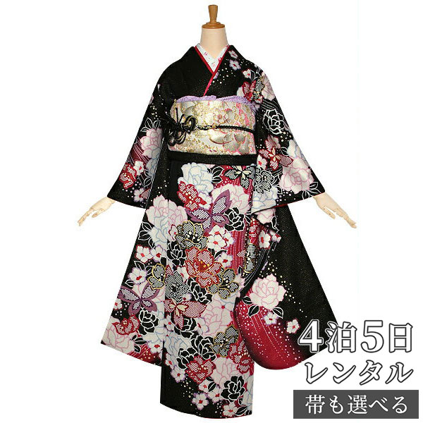 【振袖 レンタル】 結婚式 結納R1144 正絹 黒　桜に蝶 振袖 レンタル フルセット ふりそで 振り袖 結婚式 披露宴 親族 卒業式 パーティー 結納 着物レンタル 貸衣装 女性 和服 往復送料無料