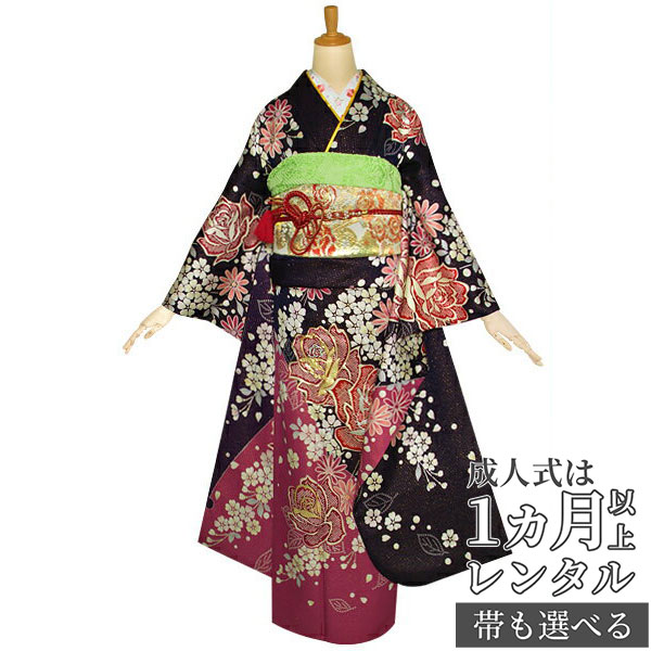 【成人式 振袖 レンタル】RS1145 正絹 紫　桜と薔薇フルセット 往復送料無料 /女性和服/結婚式 和服 着物セット/小物 セット 振り袖 【レンタル】