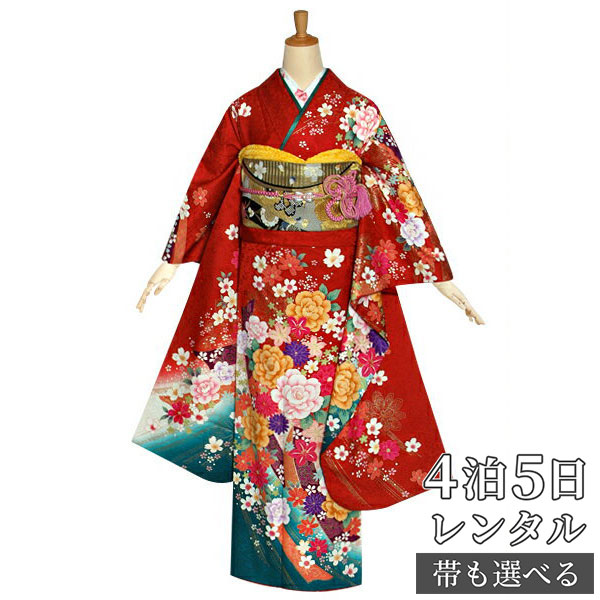 【振袖 レンタル】 結婚式 結納R1155 正絹 赤 熨斗に牡丹 振袖 レンタル フルセット ふりそで 振り袖 結婚式 披露宴 親族 卒業式 パーティー 結納 着物レンタル 貸衣装 女性 和服 往復送料無料