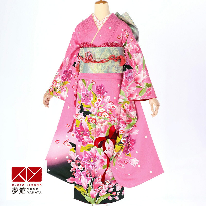 【振袖 レンタル】 結婚式 結納R1184 正絹 ピンク　チューリップにリボン Lako Kula 振袖 レンタル フルセット ふりそで 振り袖 結婚式 披露宴 親族 卒業式 パーティー 結納 着物レンタル 貸衣装 女性 和服 往復送料無料