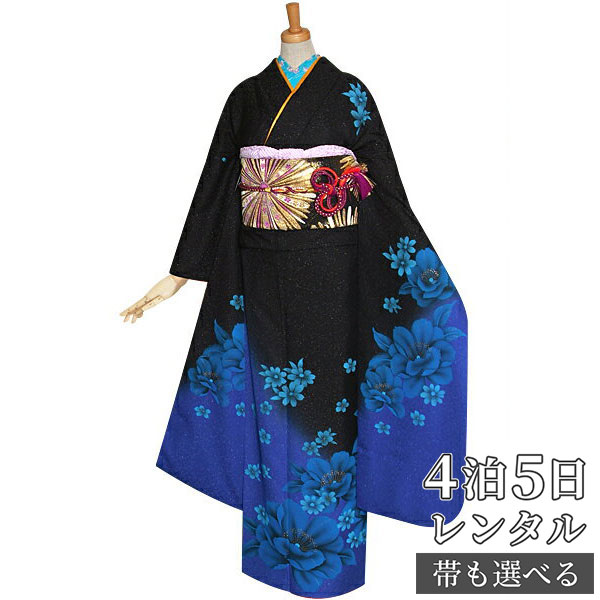 【振袖 レンタル】 結婚式 結納R1192 正絹 黒×ブルー　八重桜 振袖 レンタル フルセット ふりそで 振り袖 結婚式 披露宴 親族 卒業式 パーティー 結納 着物レンタル 貸衣装 女性 和服 往復送料無料