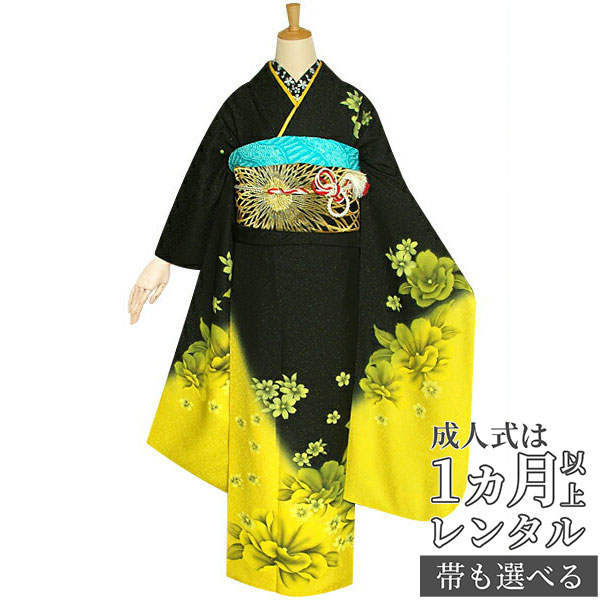 〔成人式 振袖 レンタル〕RS1193 正絹 黒×黄 八重桜フルセット 往復送料無料 /女性和服/結婚式 和服 着物セット/小物 セット 振り袖 【レンタル】|京都着物レンタル夢館