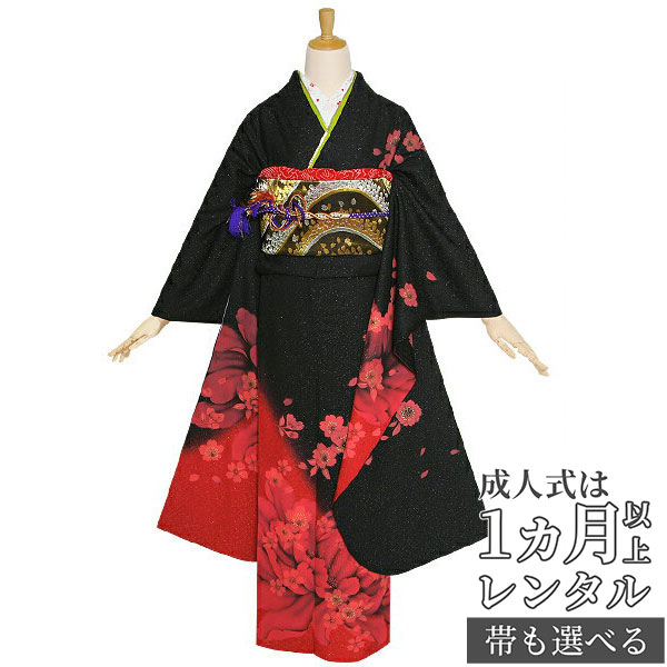 【美品　正絹お振袖　7点フルセット　M～Lサイズ　ワインカラー×黒　】 美品正絹お振袖7点フルセットM～Lサイズワインカラー×黒】