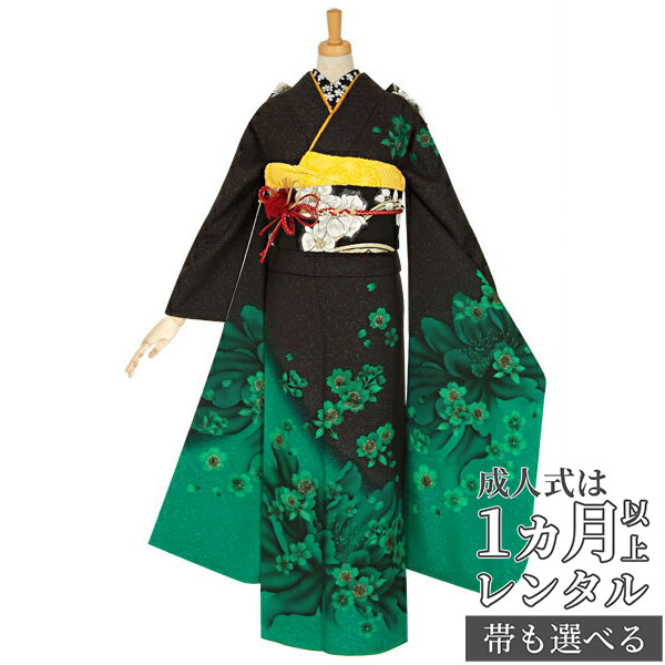 楽天市場】【成人式 振袖 レンタル】RS1193 正絹 黒×黄 八重桜