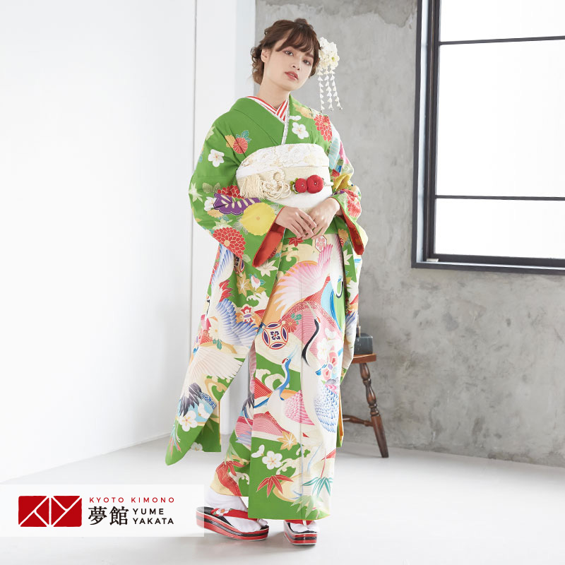 【振袖 レンタル】 結婚式 結納R1200緑 波鶴に宝文 ジャパンスタイル 振袖 レンタル フルセット ふりそで 振り袖 結婚式 披露宴 親族 卒業式 パーティー 結納 着物レンタル 貸衣装 女性 和服 往復送料無料