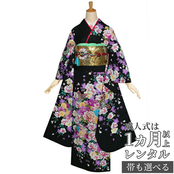 〔成人式 振袖 レンタル〕RS1220 正絹 黒　桜花丸紋に蝶フルセット 往復送料無料 /女性和服/結婚式 和服 着物セット/小物 セット 振り袖 【レンタル】｜京都着物レンタル夢館