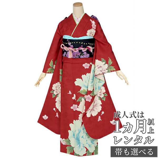 〔成人式 振袖 レンタル〕RS1225 正絹 赤　牡丹フルセット 往復送料無料 /女性和服/結婚式 和服 着物セット/小物 セット 振り袖 【レンタル】｜京都着物レンタル夢館