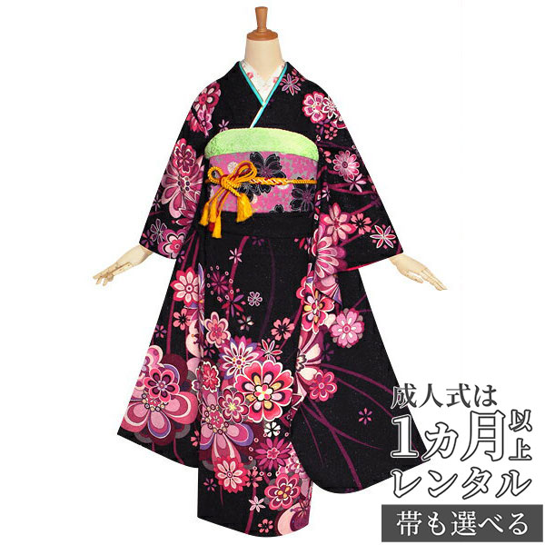 楽天市場】【成人式 振袖 レンタル】RS1617 正絹 黒 バラに蝶（絹