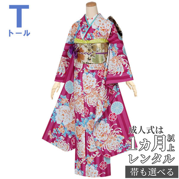 【成人式 振袖 レンタル】RS1256赤紫　ストライプ牡丹と菊フルセット 往復送料無料 /女性和服/結婚式 和服 着物セット/小物 セット 振り袖 【レンタル】