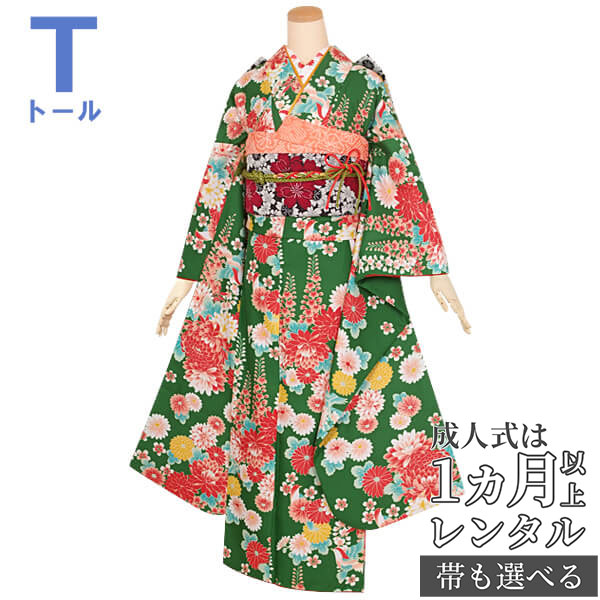 【成人式 振袖 レンタル】RS1260緑 菊と藤の花フルセット 往復送料無料 /女性和服/結婚式 和服 着物セット/小物 セット 振り袖 【レンタル】