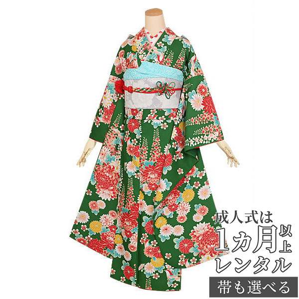 バイセル 着物 名品 振袖 緑 御所車 垂れ桜 菊 波 金彩 金糸 正絹 袷 169cm Lサイズ ☆☆☆☆ 振袖黄緑・御所車 | 二十歳振袖館Az