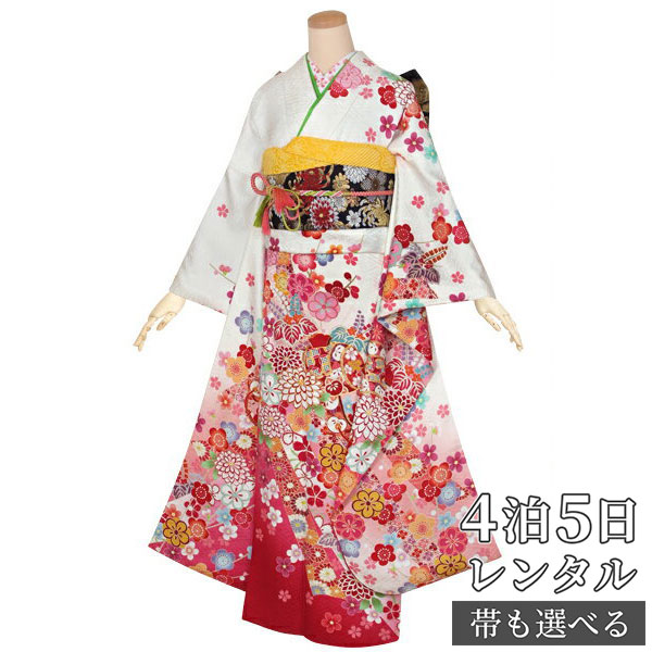 【振袖 レンタル】 結婚式 結納R1282 正絹 白　梅菊花に鼓 振袖 レンタル フルセット ふりそで 振り袖 結婚式 披露宴 親族 卒業式 パーティー 結納 着物レンタル 貸衣装 女性 和服 往復送料無料｜京都着物レンタル夢館
