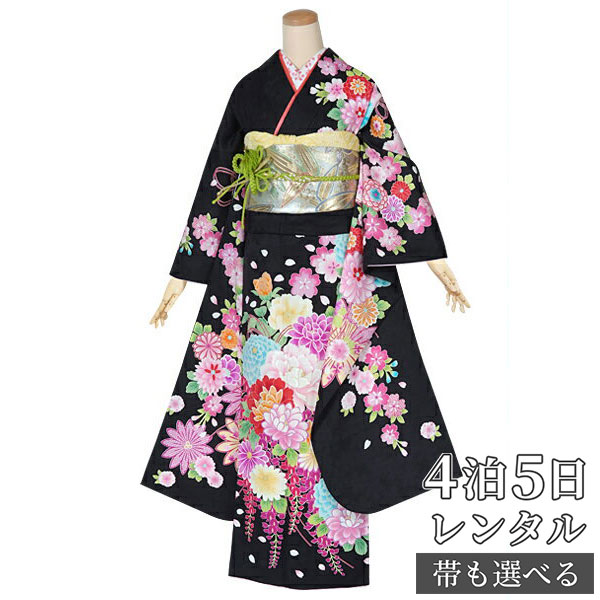 【振袖 レンタル】 結婚式 結納R1293 正絹 黒 可愛い花束牡丹に菊桜 振袖 レンタル フルセット ふりそで 振り袖 結婚式 披露宴 親族 卒業式 パーティー 結納 着物レンタル 貸衣装 女性 和服 往復送料無料