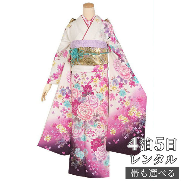 【振袖 レンタル】 結婚式 結納R1300 正絹 白　牡丹と八重桜 振袖 レンタル フルセット ふりそで 振り袖 結婚式 披露宴 親族 卒業式 パーティー 結納 着物レンタル 貸衣装 女性 和服 往復送料無料