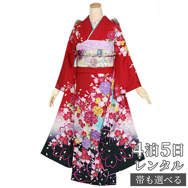 【振袖 レンタル】 結婚式 結納R1302 正絹 赤　枝垂桜に牡丹 振袖 レンタル フルセット ふりそで 振り袖 結婚式 披露宴 親族 卒業式 パーティー 結納 着物レンタル 貸衣装 女性 和服 往復送料無料