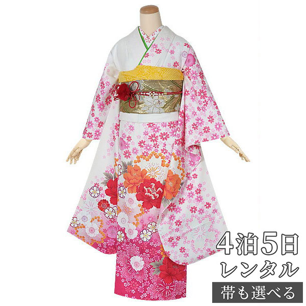 【振袖 レンタル】 結婚式 結納R1315 正絹 白　乙女な牡丹桜 振袖 レンタル フルセット ふりそで 振り袖 結婚式 披露宴 親族 卒業式 パーティー 結納 着物レンタル 貸衣装 女性 和服 往復送料無料｜京都着物レンタル夢館