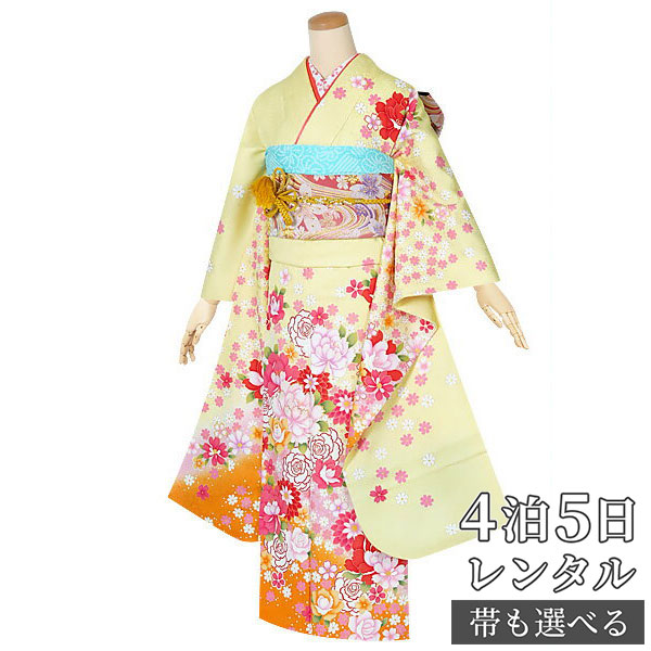 【振袖 レンタル】 結婚式 結納R1316 正絹 クリーム 薔薇に小花散らし 振袖 レンタル フルセット ふりそで 振り袖 結婚式 披露宴 親族 卒業式 パーティー 結納 着物レンタル 貸衣装 女性 和服 往復送料無料
