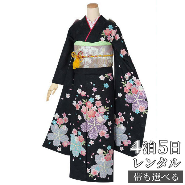 【振袖 レンタル】 結婚式 結納R1318 正絹 黒 大小桜 振袖 レンタル フルセット ふりそで 振り袖 結婚式 披露宴 親族 卒業式 パーティー 結納 着物レンタル 貸衣装 女性 和服 往復送料無料|京都着物レンタル夢館