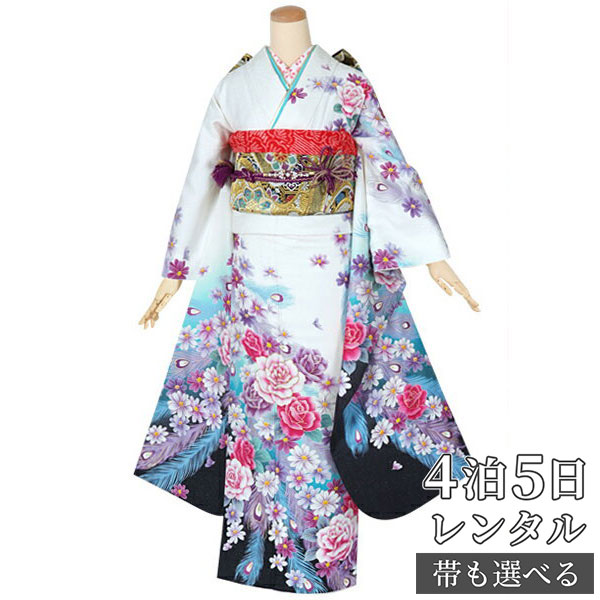 【振袖 レンタル】 結婚式 結納R1323 正絹 白 薔薇に孔雀羽根 振袖 レンタル フルセット ふりそで 振り袖 結婚式 披露宴 親族 卒業式 パーティー 結納 着物レンタル 貸衣装 女性 和服 往復送料無料|京都着物レンタル夢館
