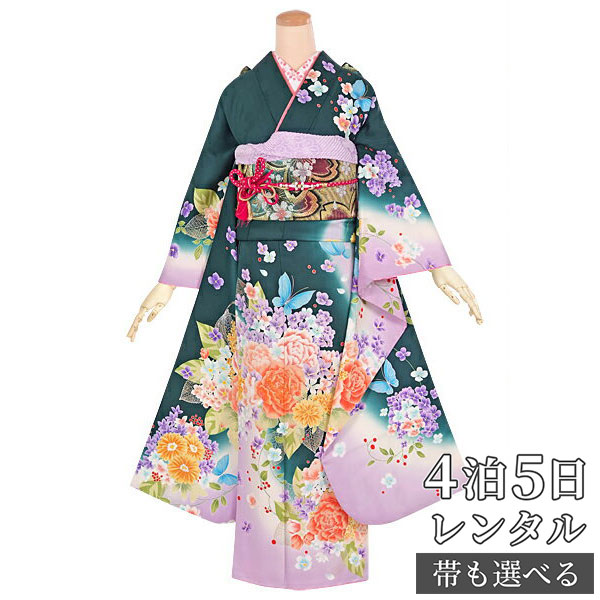 【振袖 レンタル】 結婚式 結納R1325 正絹 深緑　蘭に牡丹 振袖 レンタル フルセット ふりそで 振り袖 結婚式 披露宴 親族 卒業式 パーティー 結納 着物レンタル 貸衣装 女性 和服 往復送料無料｜京都着物レンタル夢館