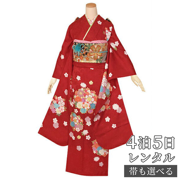 【振袖 レンタル】 結婚式 結納R1333 正絹 赤　桜花紋 振袖 レンタル フルセット ふりそで 振り袖 結婚式 披露宴 親族 卒業式 パーティー 結納 着物レンタル 貸衣装 女性 和服 往復送料無料