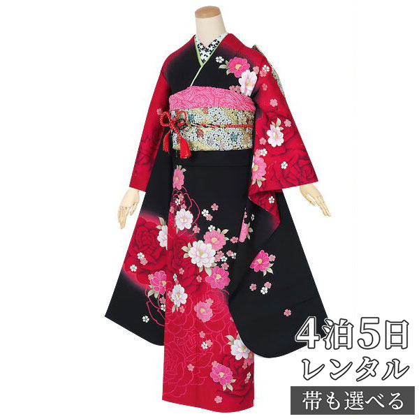 【振袖 レンタル】 結婚式 結納R1345 正絹 黒赤　薔薇に桜 振袖 レンタル フルセット ふりそで 振り袖 結婚式 披露宴 親族 卒業式 パーティー 結納 着物レンタル 貸衣装 女性 和服 往復送料無料