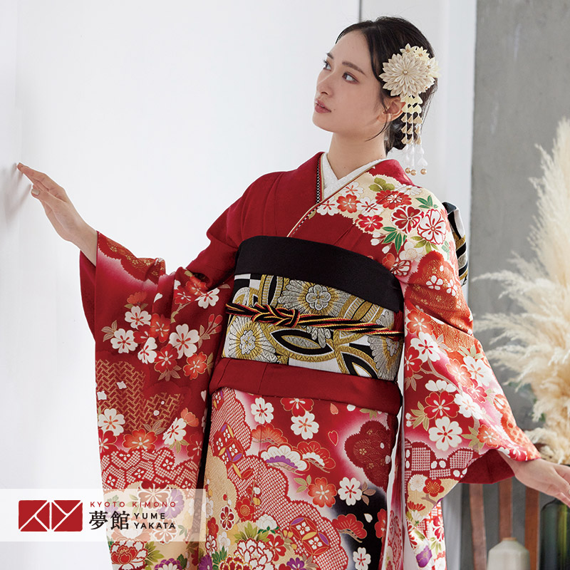 【振袖 レンタル】 結婚式 結納R1350 正絹 赤 雲取桜花車 振袖 レンタル フルセット ふりそで 振り袖 結婚式 披露宴 親族 卒業式 パーティー 結納 着物レンタル 貸衣装 女性 和服 往復送料無料｜京都着物レンタル夢館