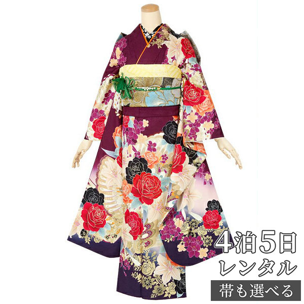 【振袖 レンタル】 結婚式 結納R1369 正絹 赤紫 薔薇と百合 振袖 レンタル フルセット ふりそで 振り袖 結婚式 披露宴 親族 卒業式 パーティー 結納 着物レンタル 貸衣装 女性 和服 往復送料無料|京都着物レンタル夢館