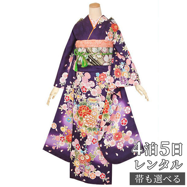 【振袖 レンタル】 結婚式 結納R1380 正絹 紫 貝桶に牡丹 振袖 レンタル フルセット ふりそで 振り袖 結婚式 披露宴 親族 卒業式 パーティー 結納 着物レンタル 貸衣装 女性 和服 往復送料無料|京都着物レンタル夢館