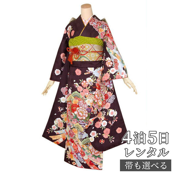 【振袖 レンタル】 結婚式 結納R1381 正絹 茶 吉祥花紋に宝尽くし 振袖 レンタル フルセット ふりそで 振り袖 結婚式 披露宴 親族 卒業式 パーティー 結納 着物レンタル 貸衣装 女性 和服 往復送料無料|京都着物レンタル夢館