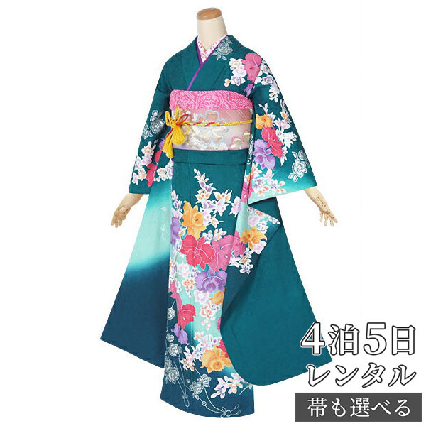 【振袖 レンタル】 結婚式 結納R1389 正絹 青緑　カトレヤ 振袖 レンタル フルセット ふりそで 振り袖 結婚式 披露宴 親族 卒業式 パーティー 結納 着物レンタル 貸衣装 女性 和服 往復送料無料｜京都着物レンタル夢館