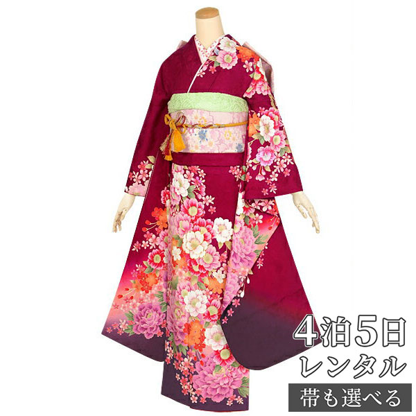 【振袖 レンタル】 結婚式 結納R1400 正絹 赤　枝垂桜に牡丹絹) 振袖 レンタル フルセット ふりそで 振り袖 結婚式 披露宴 親族 卒業式 パーティー 結納 着物レンタル 貸衣装 女性 和服 往復送料無料