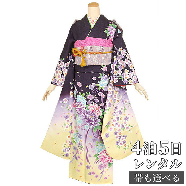 【振袖 レンタル】 結婚式 結納R1401 正絹 紺　枝垂桜と牡丹 振袖 レンタル フルセット ふりそで 振り袖 結婚式 披露宴 親族 卒業式 パーティー 結納 着物レンタル 貸衣装 女性 和服 往復送料無料