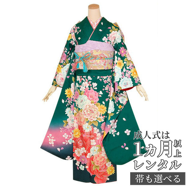 独特の素材 着物セット レンタル Rs1411 振袖 成人式は1ヶ月以上レンタルok 成人式 正絹 せいじんしき 振り袖 れんたる Rental 緑 牡丹 成人式 フルセット 往復送料無料 足袋プレゼント 女性和服 ふりそで