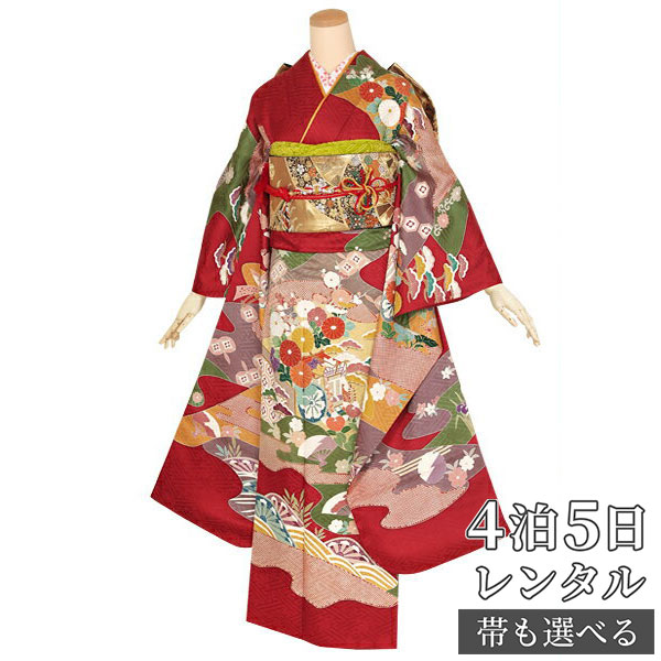 【振袖 レンタル】 結婚式 結納R1414 正絹 赤　霞取り御所車に菊 振袖 レンタル フルセット ふりそで 振り袖 結婚式 披露宴 親族 卒業式 パーティー 結納 着物レンタル 貸衣装 女性 和服 往復送料無料【訳あり】