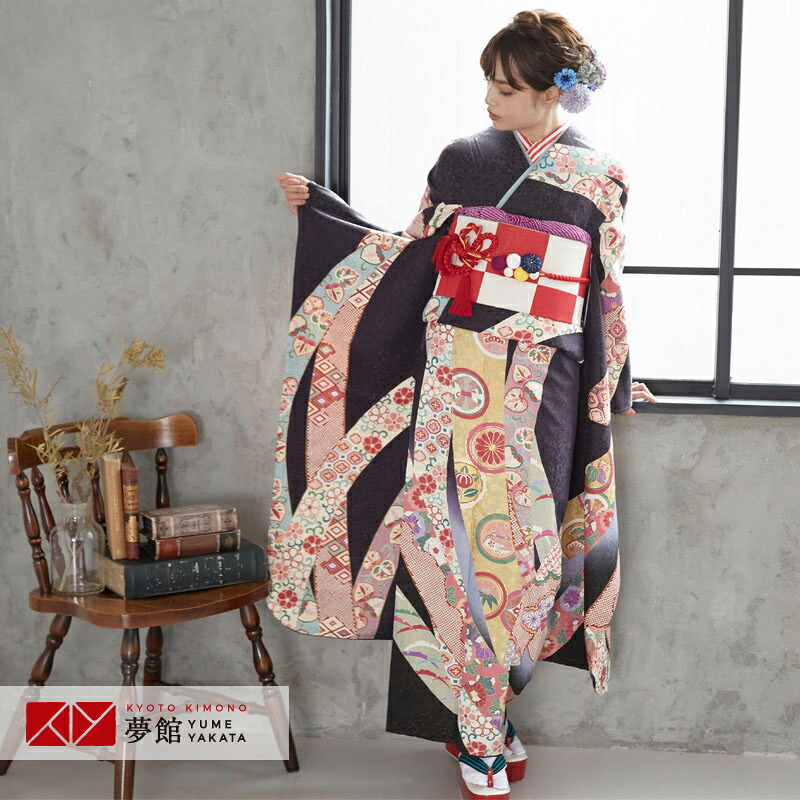 【成人式 振袖 レンタル】RS1428 正絹 濃紫黒 丸紋疋田熨斗フルセット 往復送料無料 /女性和服/結婚式 和服 着物セット/小物 セット 振り袖 【レンタル】