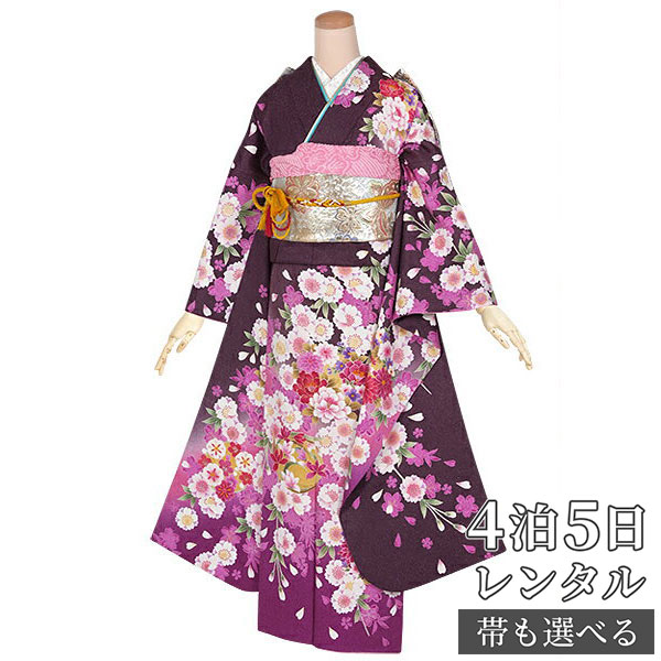 【振袖 レンタル】 結婚式 結納R1432 正絹 グレー紫　枝垂桜に花紋 振袖 レンタル フルセット ふりそで 振り袖 結婚式 披露宴 親族 卒業式 パーティー 結納 着物レンタル 貸衣装 女性 和服 往復送料無料｜京都着物レンタル夢館 11,520円